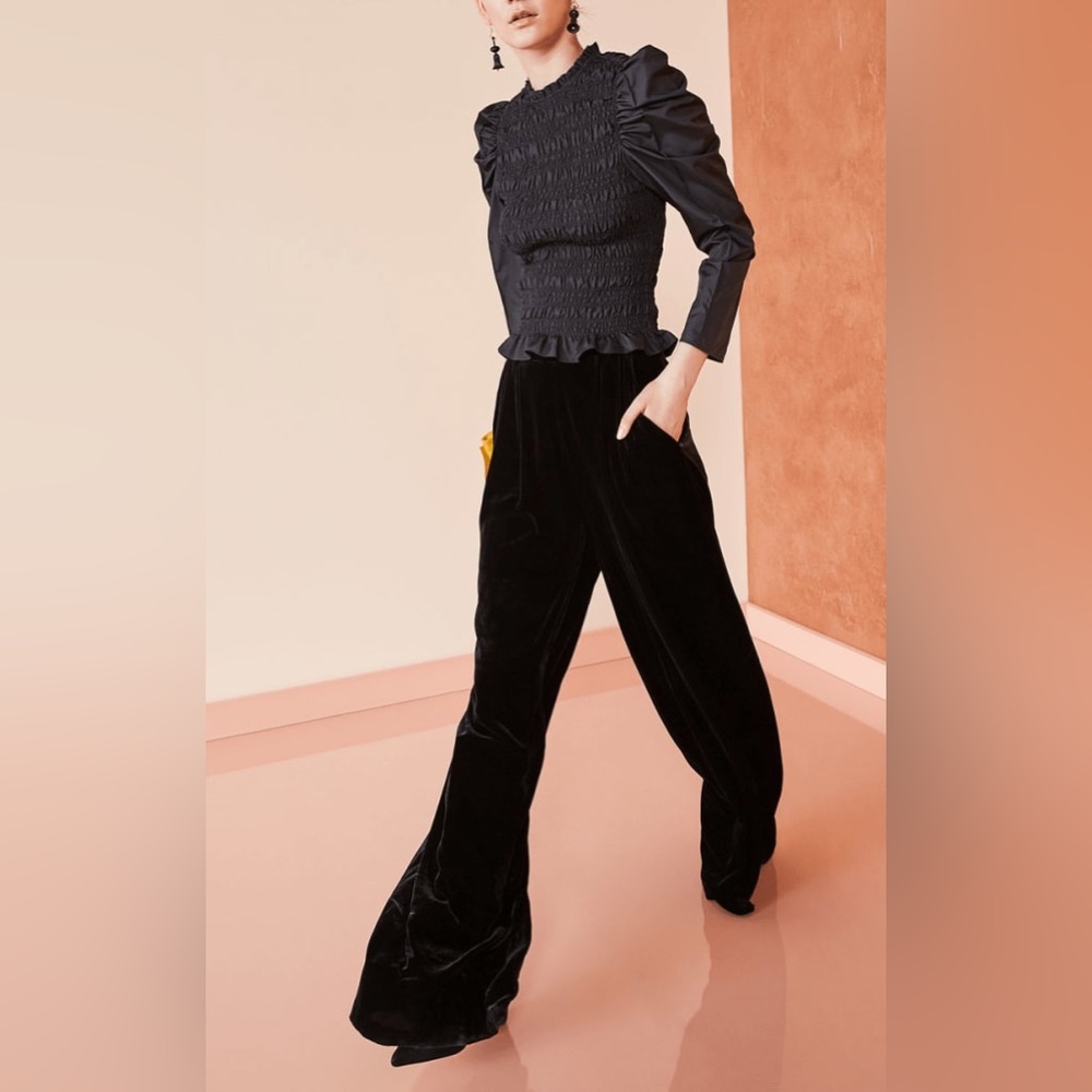 Ulla Johnson Rhett Wide Leg Velvet Trouser Noir Black‎ Size 4 Pleated Pants Work